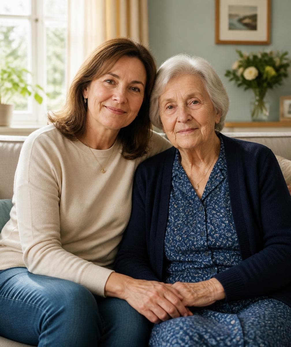 A woman sitting beside her aging mother in a sunlit living room