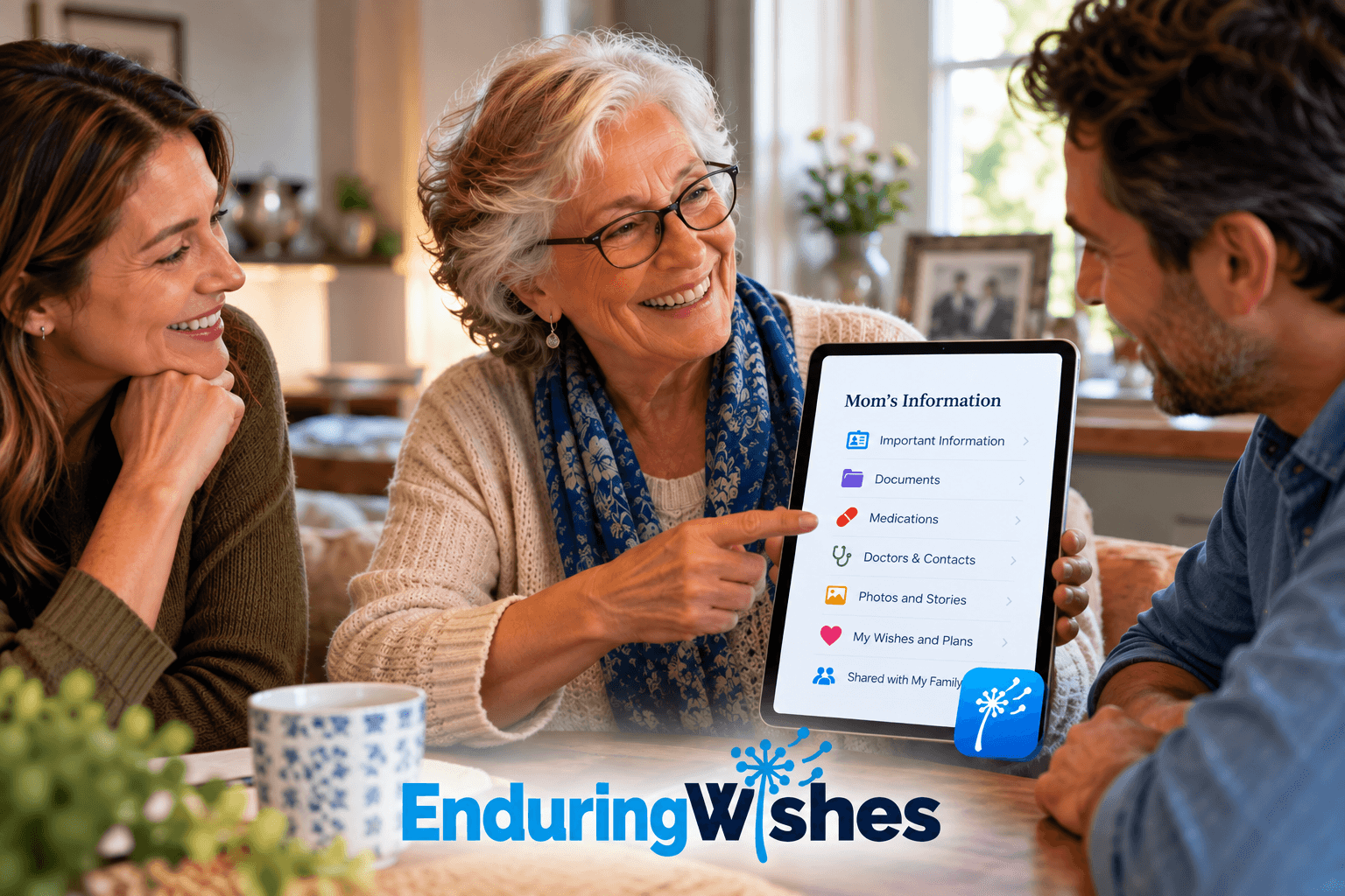A mother and her adult children looking together at family information on a tablet