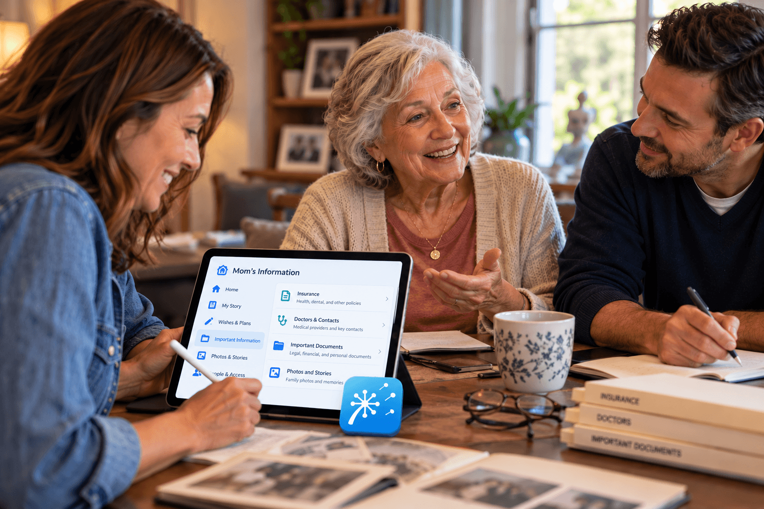 A mother and her adult children organizing family information around a tablet