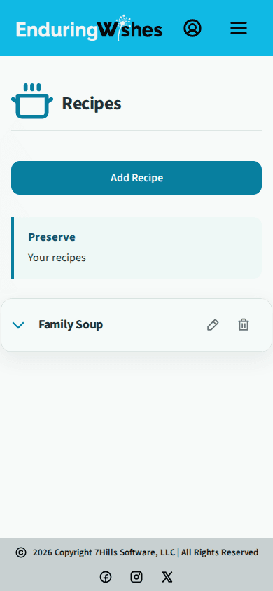 EnduringWishes mobile app showing a family recipe