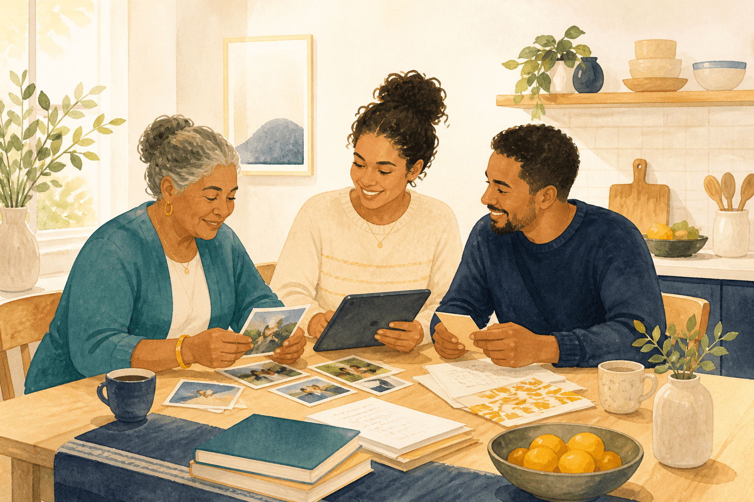 A family gathered around a kitchen table preparing together