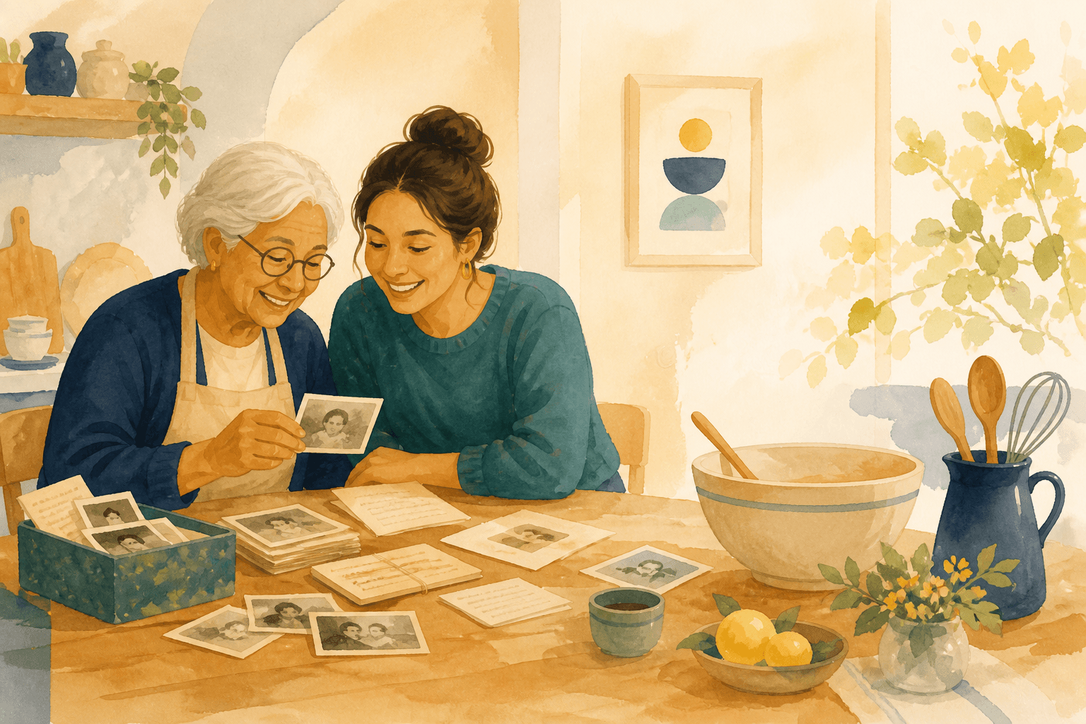 A grandmother sharing recipes and photographs with family