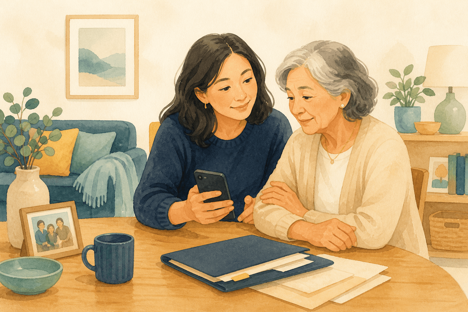 An adult daughter helping her mother at home