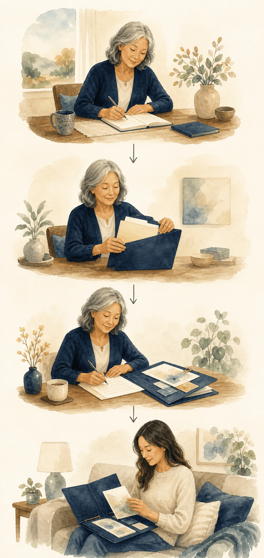 A watercolor timeline showing family preparation unfolding over time