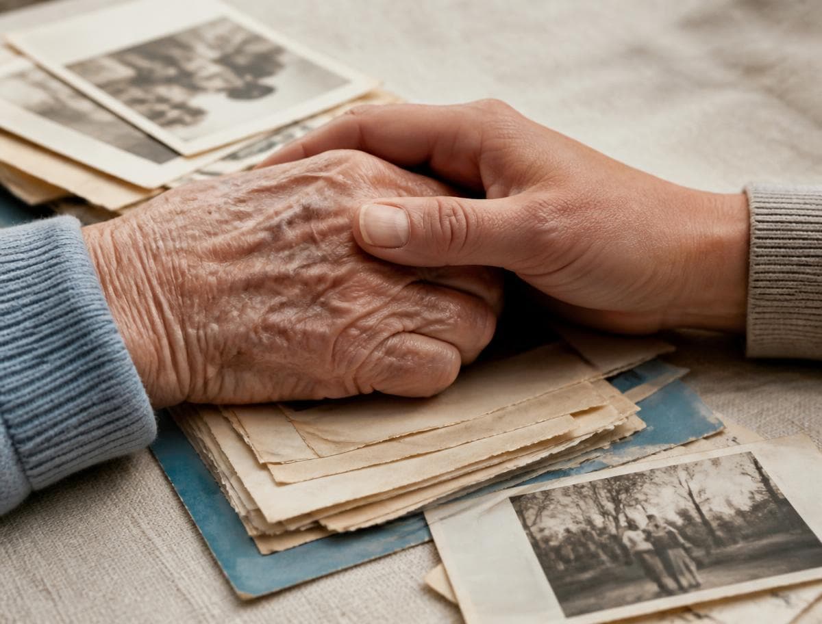An older hand and a younger hand resting together over old family photographs