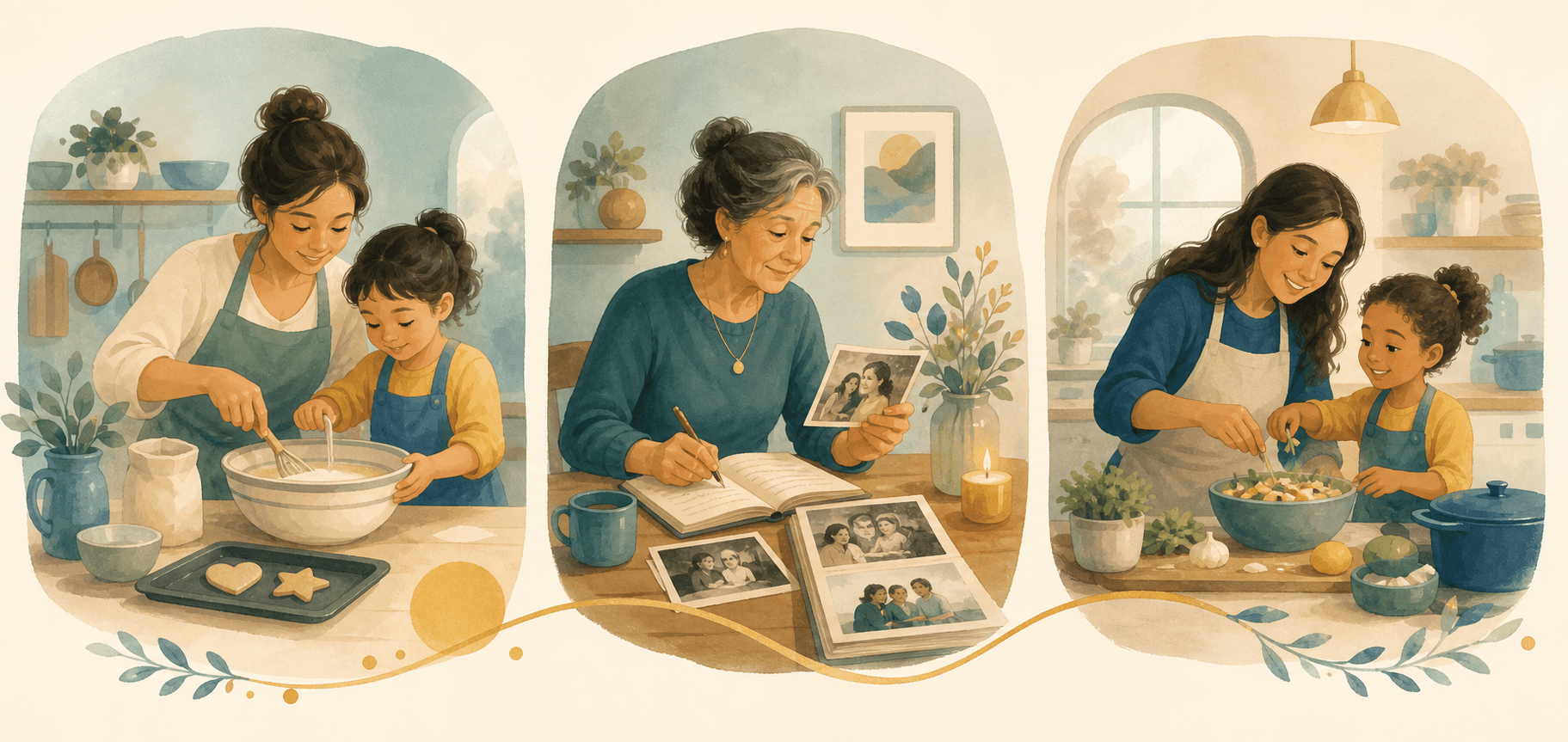 A three-part family continuity story from mother teaching baking to granddaughter learning the recipe