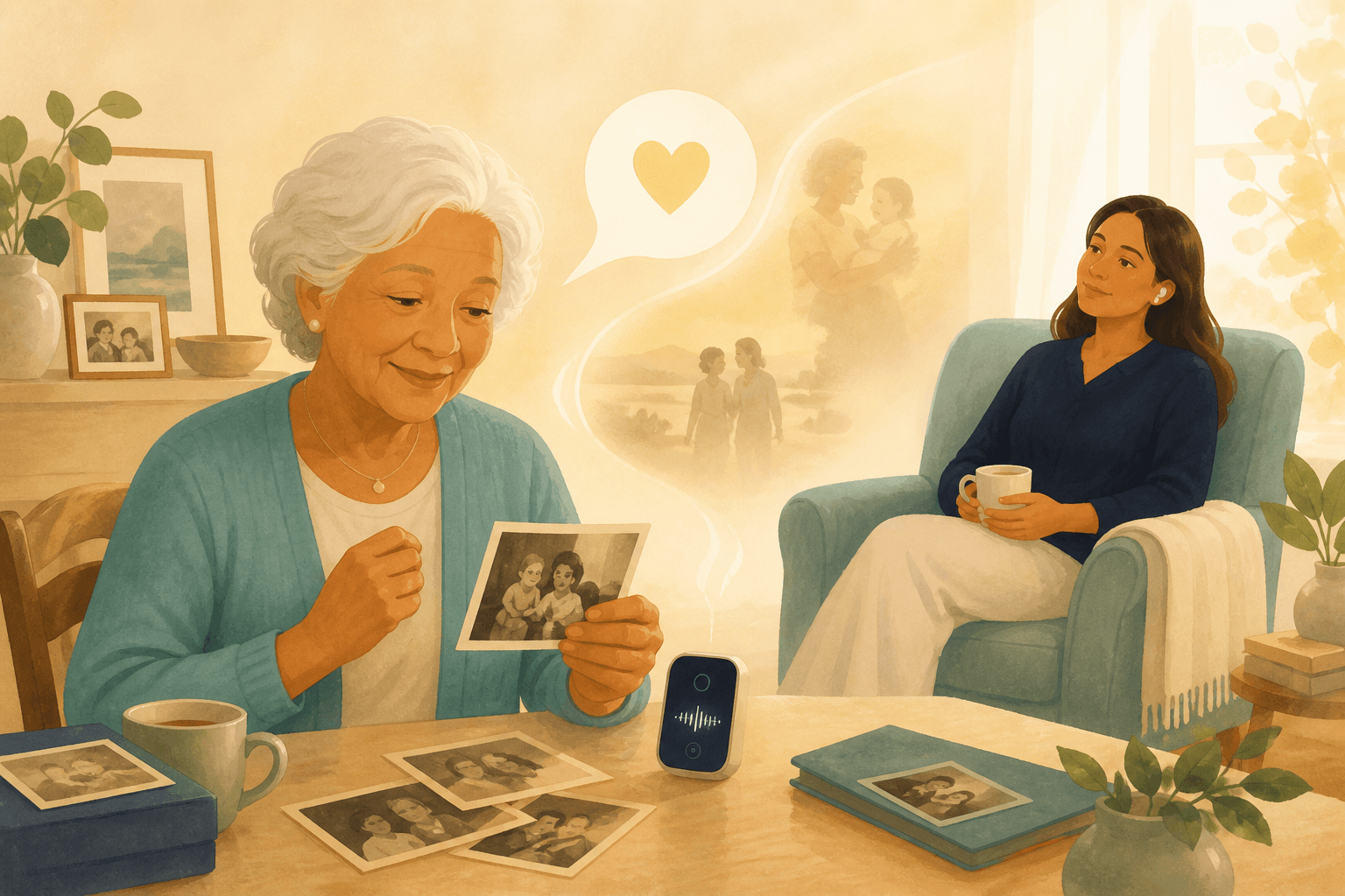 A mother recording a memory while looking at family photographs